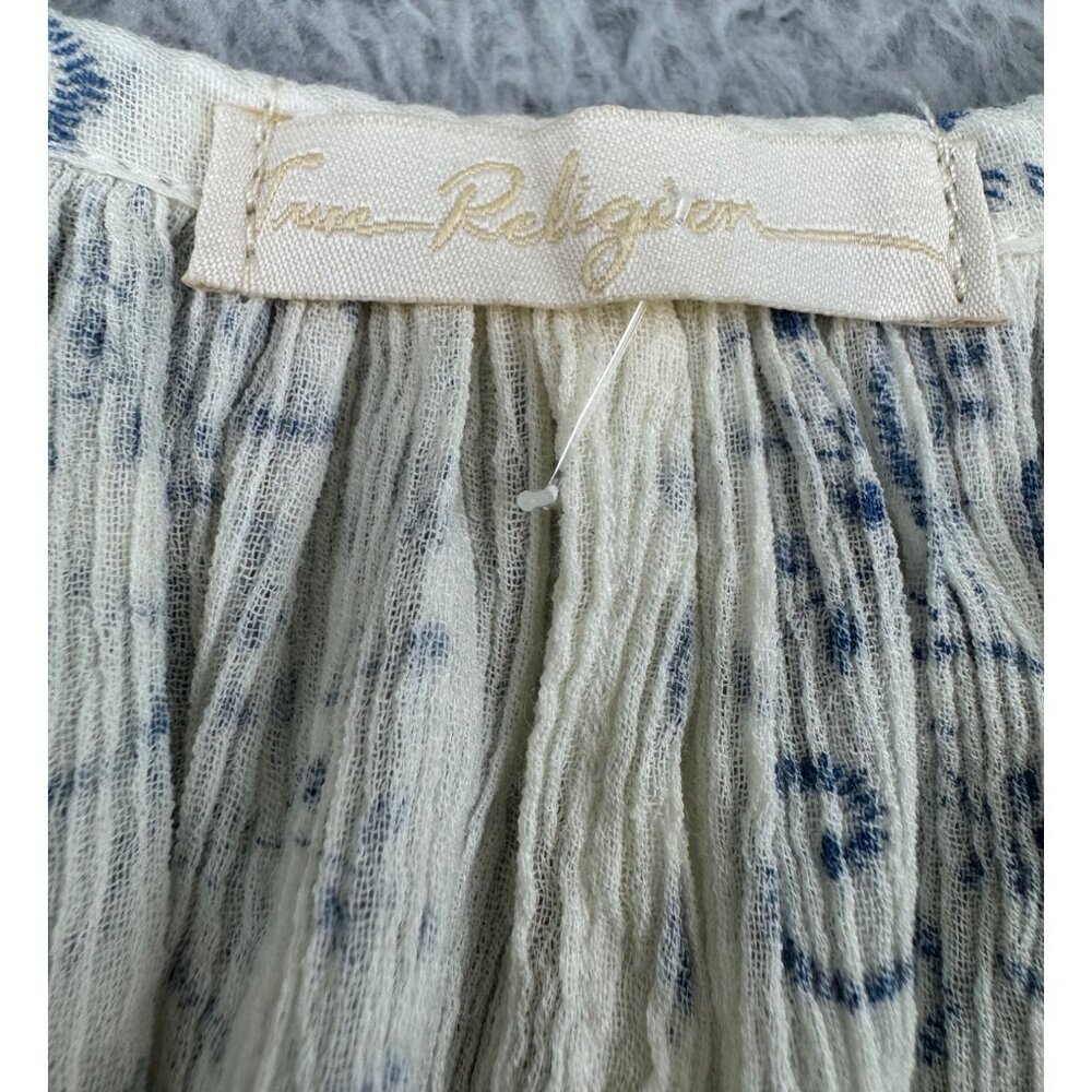 True Religion Womens Boho Top S Blue & White Trellis Print With Princess Seams - Picture 8 of 16